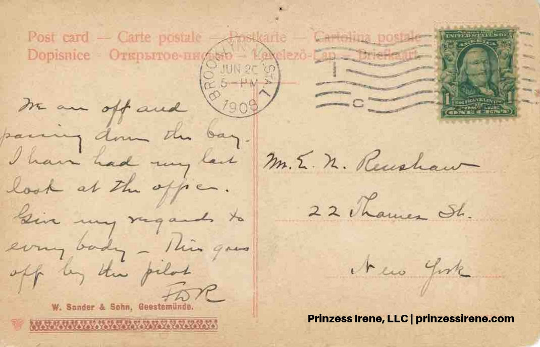 Prinzess Irene. Postcard, postmarked June 20, 1908 [reverse].